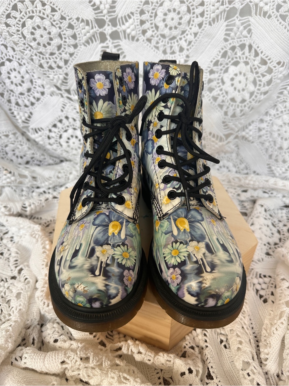 RARE COLLECTIBLE Dr. Martens 1460 Pascal Blue Slime Floral Paint Drip Boots Sz6 - Picture 3 of 16